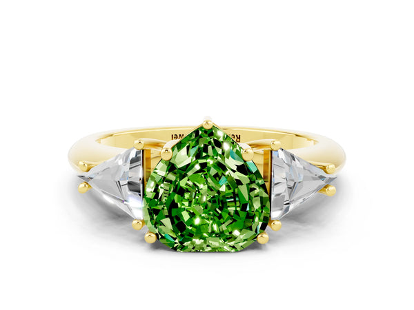 Yellow gold Three-Stone Heart Cut Cut Diamond Ring with Trillion Side Stones and Four-Prong Setting