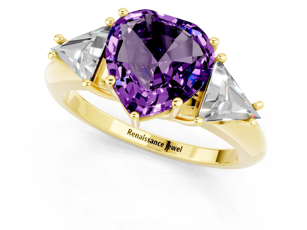 Yellow gold Three-Stone Heart Cut Amethyst Engagement Ring with Trillion Side Stones and Prong Setting