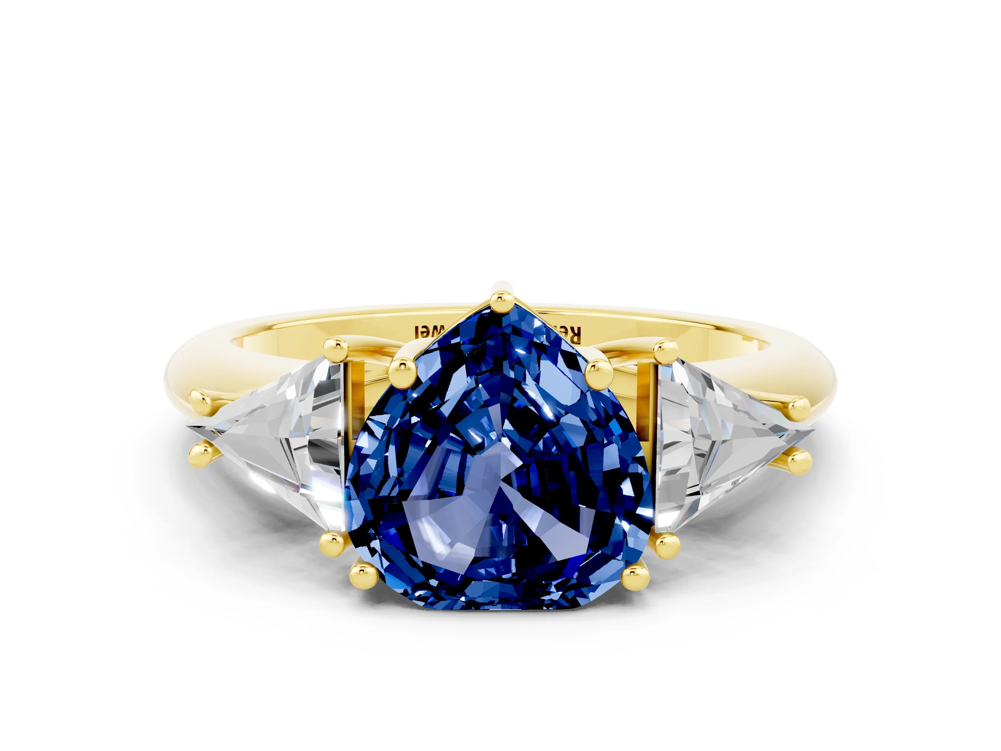 Yellow gold Three-Stone Heart Cut Cut Diamond Ring with Trillion Side Stones and Four-Prong Setting