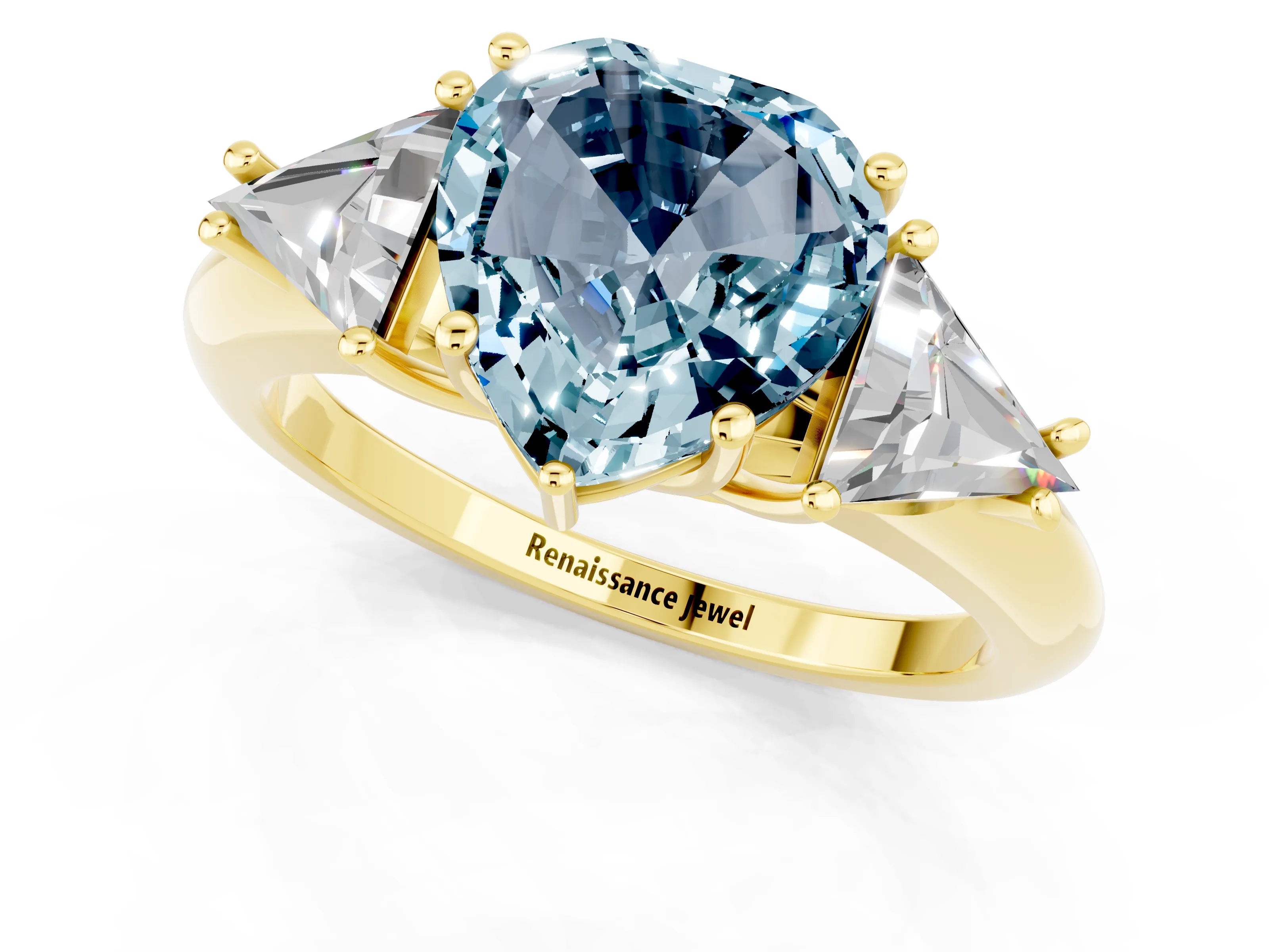 Yellow gold Three-Stone Heart Cut Cut Diamond Ring with Trillion Side Stones and Four-Prong Setting_1