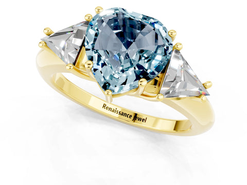 Yellow gold Three-Stone Heart Cut Cut Diamond Ring with Trillion Side Stones and Four-Prong Setting_1