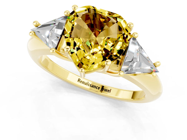 Yellow gold Three-Stone Heart Cut Yellow Sapphire Engagement Ring with Trillion Side Stones and Prong Setting