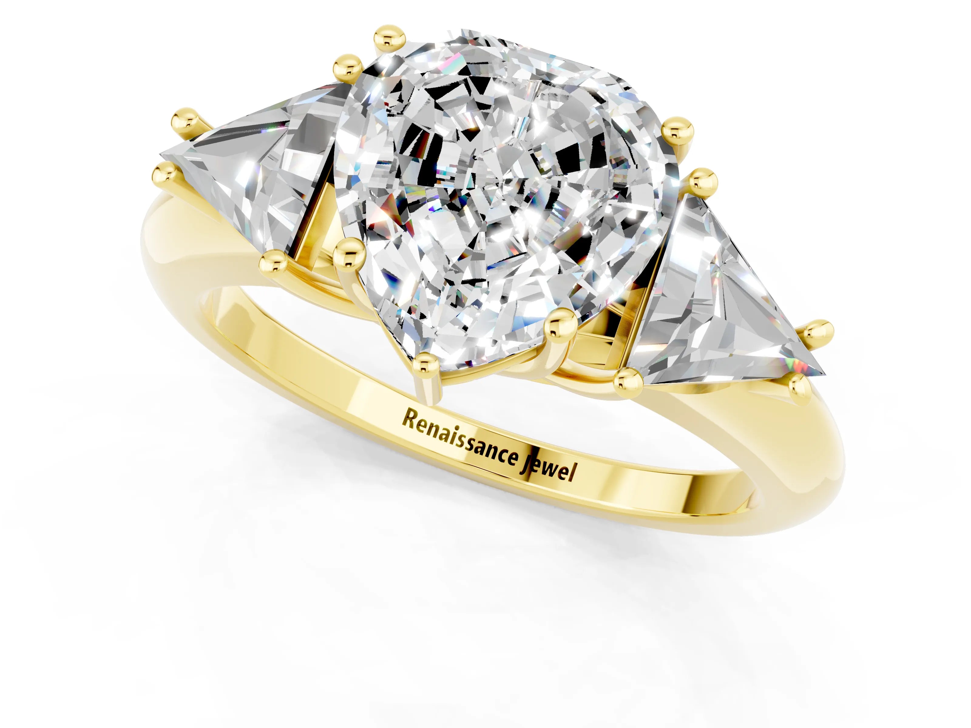 Yellow gold Three-Stone Heart Cut Cut Diamond Ring with Trillion Side Stones and Four-Prong Setting_1