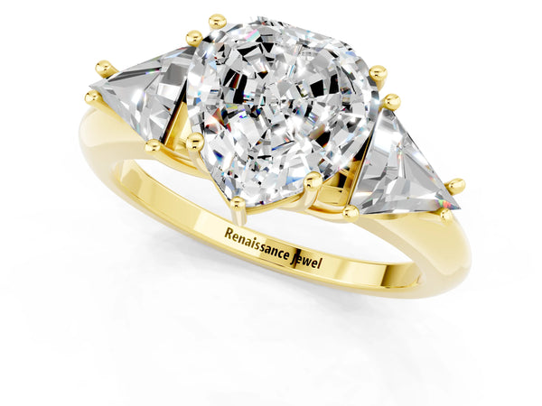 Yellow gold Three-Stone Heart Cut Moissanite Engagement Ring with Trillion Side Stones and Prong Setting