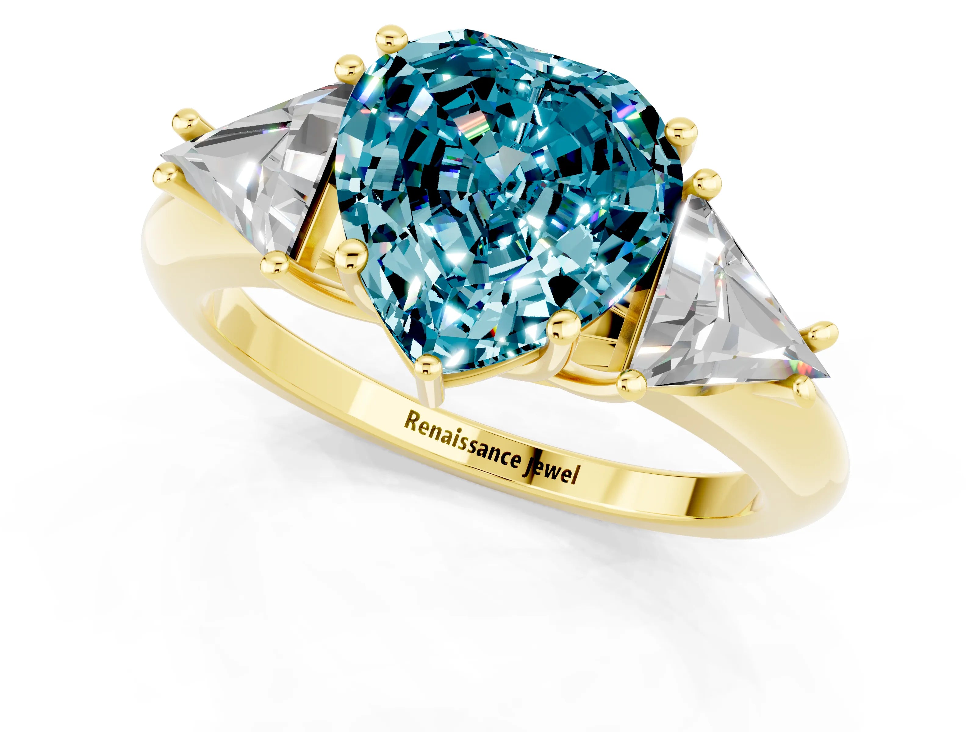 Yellow gold Three-Stone Heart Cut Cut Diamond Ring with Trillion Side Stones and Four-Prong Setting_1