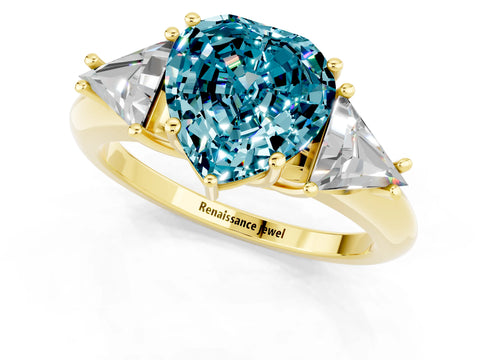 Yellow gold Three-Stone Heart Cut Cut Diamond Ring with Trillion Side Stones and Four-Prong Setting_1