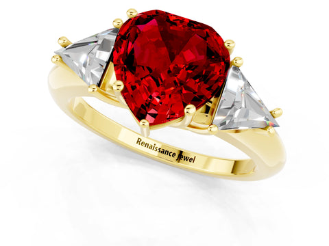 Yellow gold Three-Stone Heart Cut Cut Diamond Ring with Trillion Side Stones and Four-Prong Setting_1