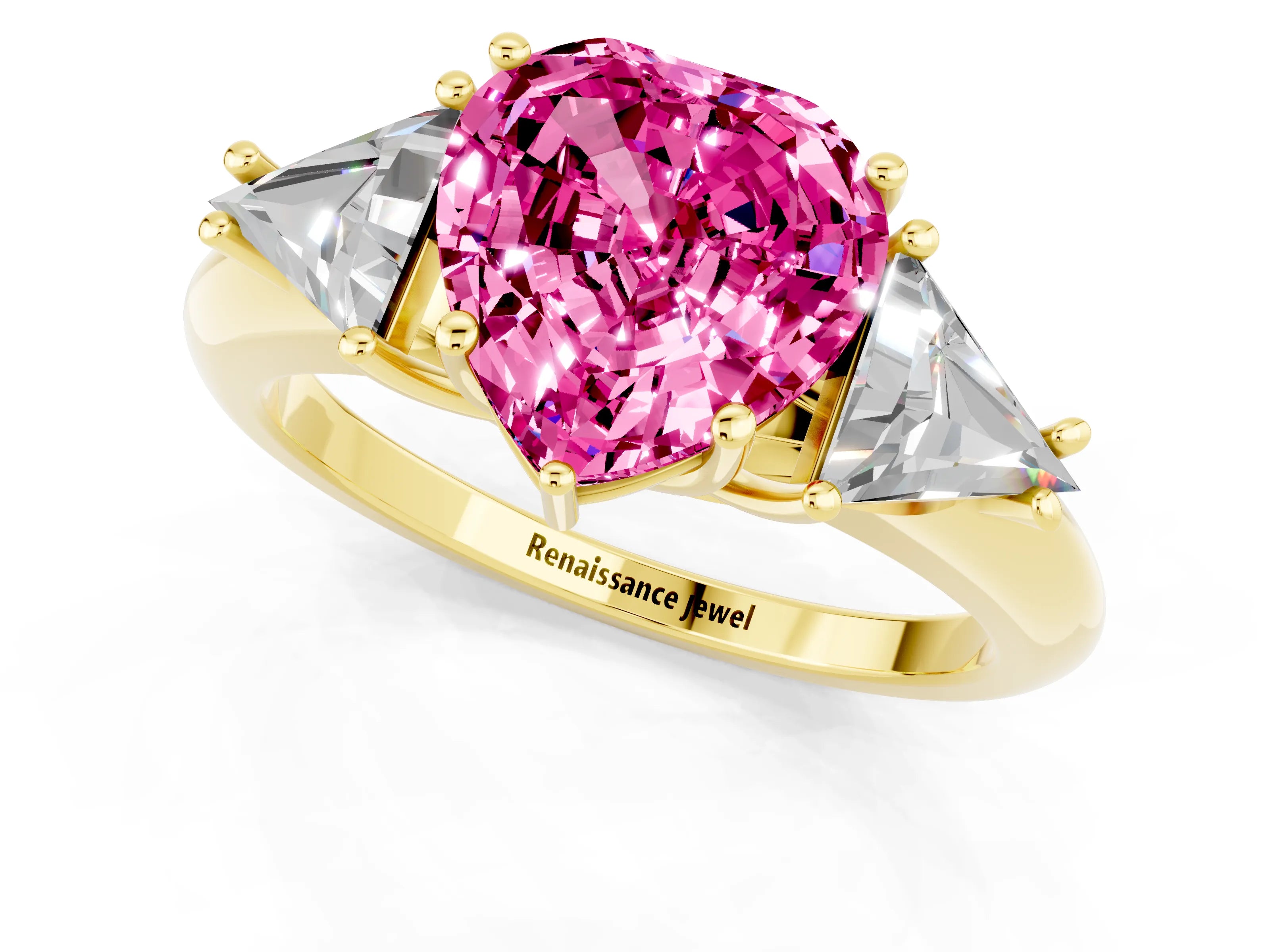 Yellow gold Three-Stone Heart Cut Cut Diamond Ring with Trillion Side Stones and Four-Prong Setting_1