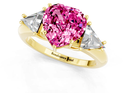Yellow gold Three-Stone Heart Cut Cut Diamond Ring with Trillion Side Stones and Four-Prong Setting_1