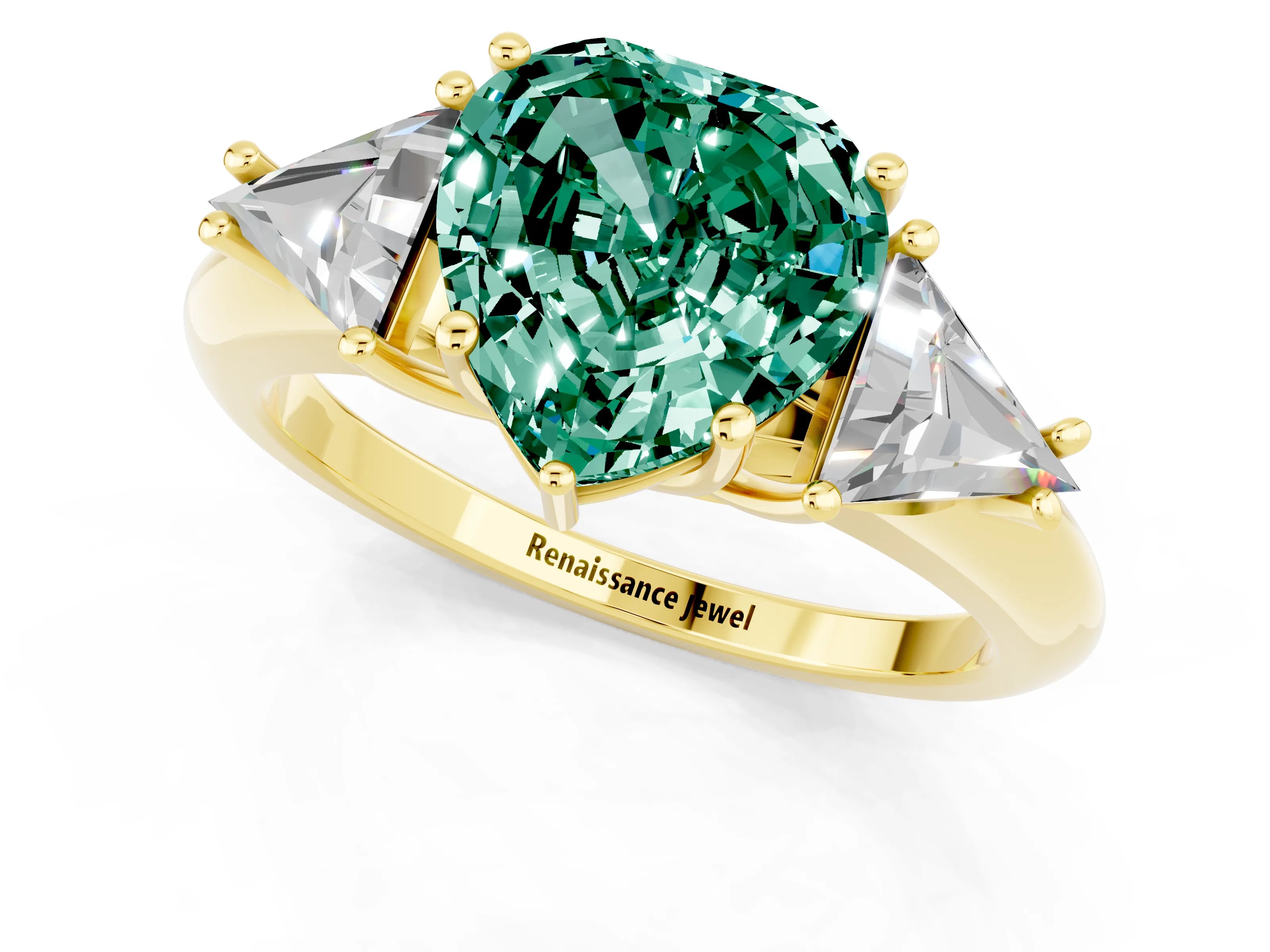 Yellow gold Three-Stone Heart Cut Cut Diamond Ring with Trillion Side Stones and Four-Prong Setting_1