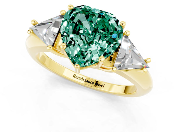 Yellow gold Three-Stone Heart Cut Cut Diamond Ring with Trillion Side Stones and Four-Prong Setting