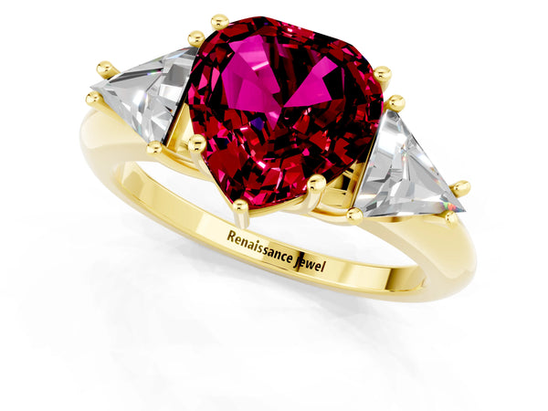 Yellow gold Three-Stone Heart Cut Garnet Engagement Ring with Trillion Side Stones and Prong Setting