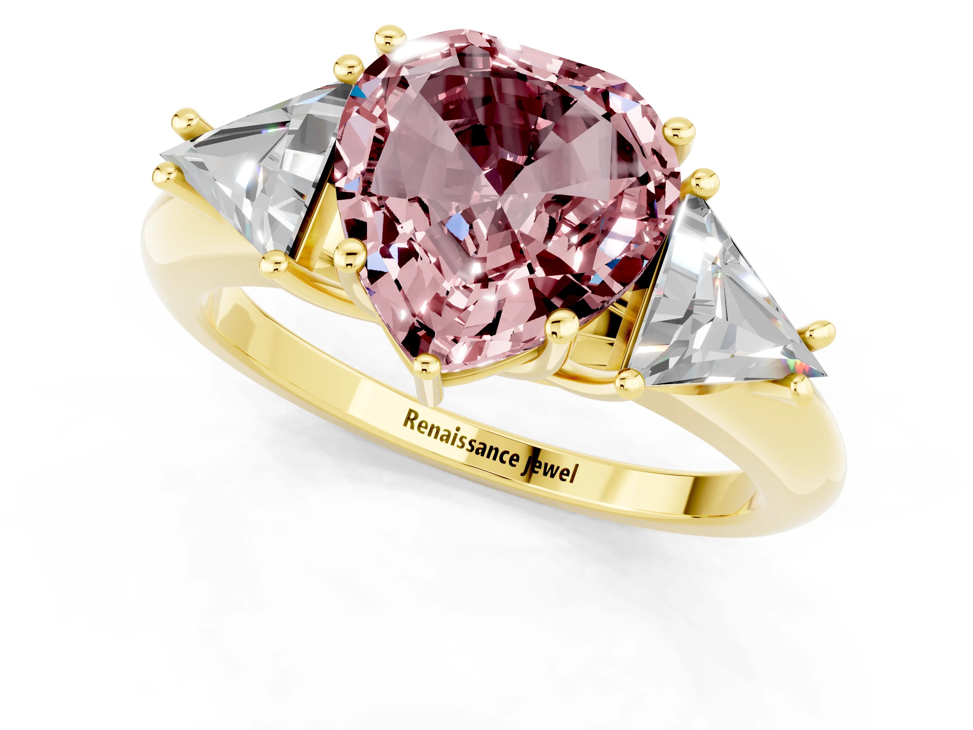 Yellow gold Three-Stone Heart Cut Cut Diamond Ring with Trillion Side Stones and Four-Prong Setting_1