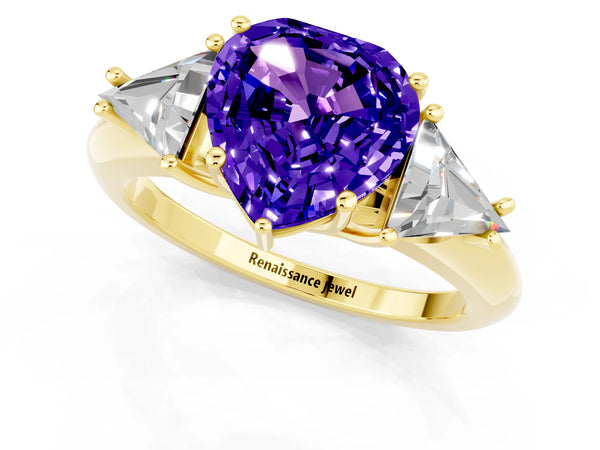 Yellow gold Three-Stone Heart Cut Tanzanite Engagement Ring with Trillion Side Stones and Prong Setting