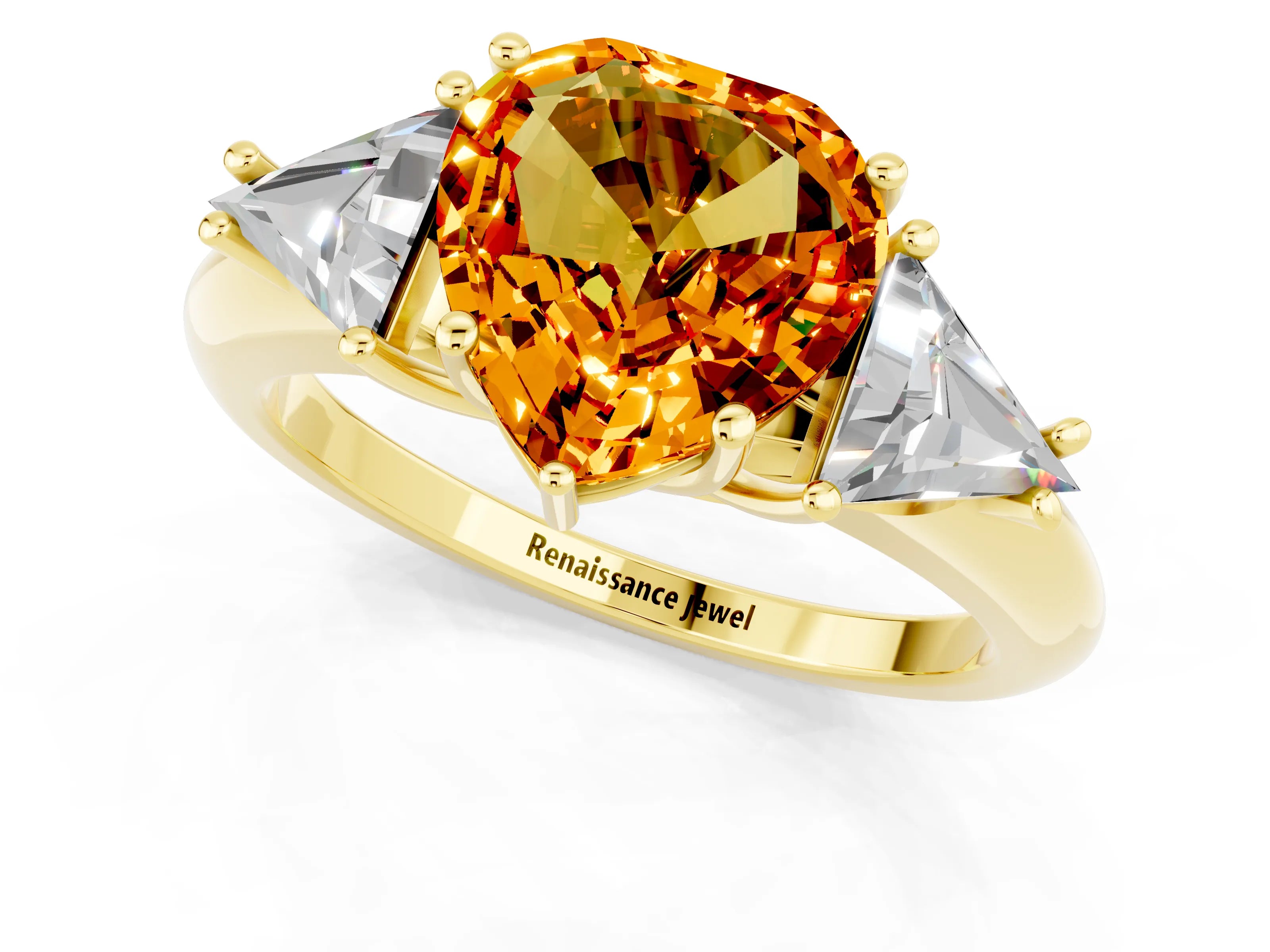 Yellow gold Three-Stone Heart Cut Cut Diamond Ring with Trillion Side Stones and Four-Prong Setting_1