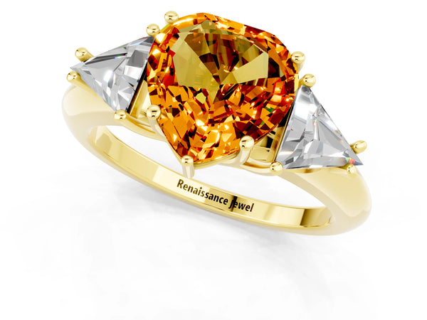 Yellow gold Three-Stone Heart Cut Citrine Engagement Ring with Trillion Side Stones and Prong Setting