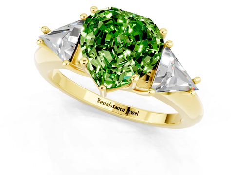 Yellow gold Three-Stone Heart Cut Cut Diamond Ring with Trillion Side Stones and Four-Prong Setting_1