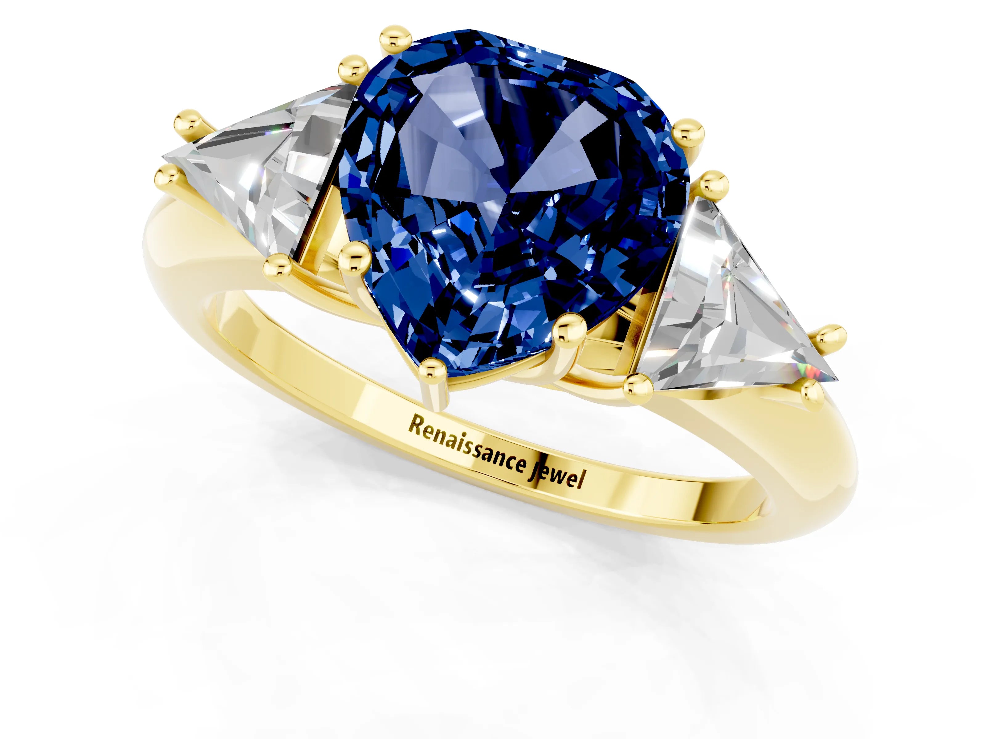 Yellow gold Three-Stone Heart Cut Cut Diamond Ring with Trillion Side Stones and Four-Prong Setting_1
