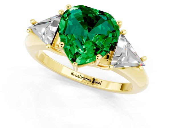 Yellow gold Three-Stone Heart Cut Emerald Engagement Ring with Trillion Side Stones and Prong Setting