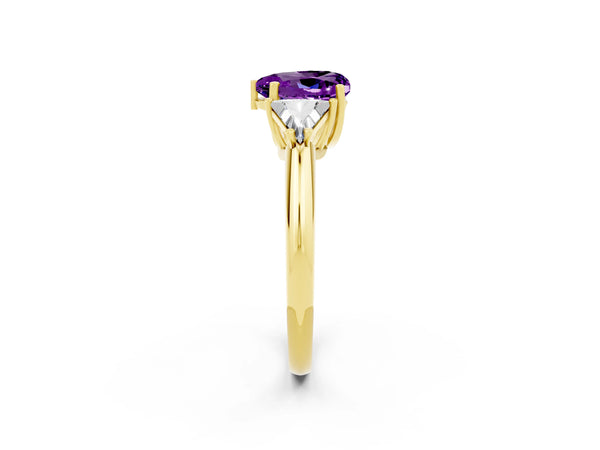 Yellow gold Three-Stone Heart Cut Amethyst Engagement Ring with Trillion Side Stones and Prong Setting