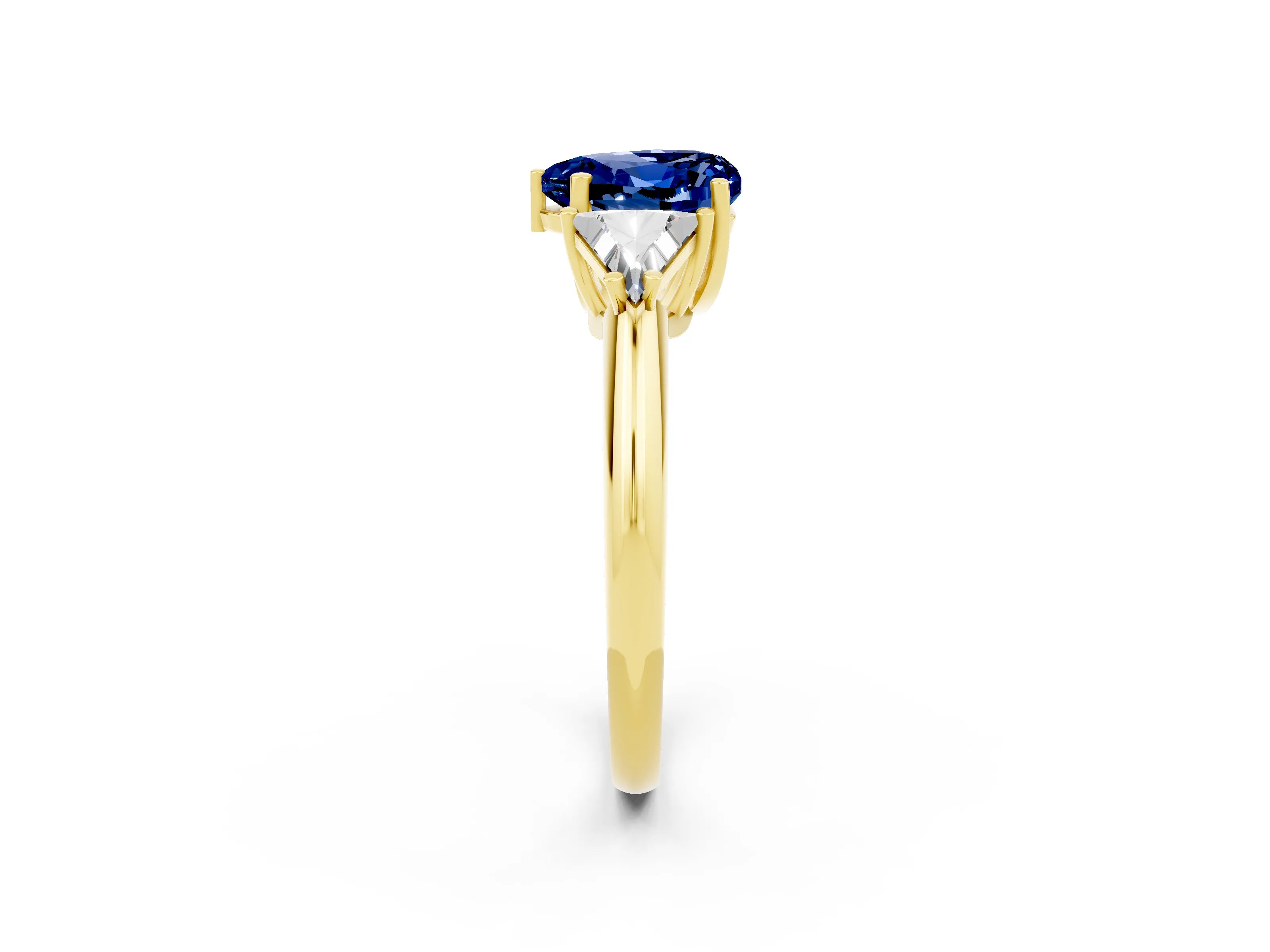 Yellow gold Three-Stone Heart Cut Cut Diamond Ring with Trillion Side Stones and Four-Prong Setting_2