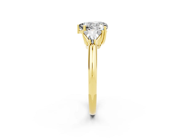 Yellow gold Three-Stone Heart Cut Moissanite Engagement Ring with Trillion Side Stones and Prong Setting