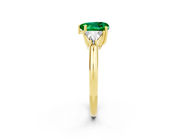 Yellow gold Three-Stone Heart Cut Emerald Engagement Ring with Trillion Side Stones and Prong Setting