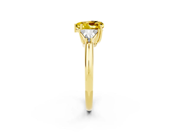 Yellow gold Three-Stone Heart Cut Yellow Sapphire Engagement Ring with Trillion Side Stones and Prong Setting
