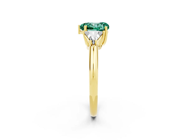 Yellow gold Three-Stone Heart Cut Cut Diamond Ring with Trillion Side Stones and Four-Prong Setting