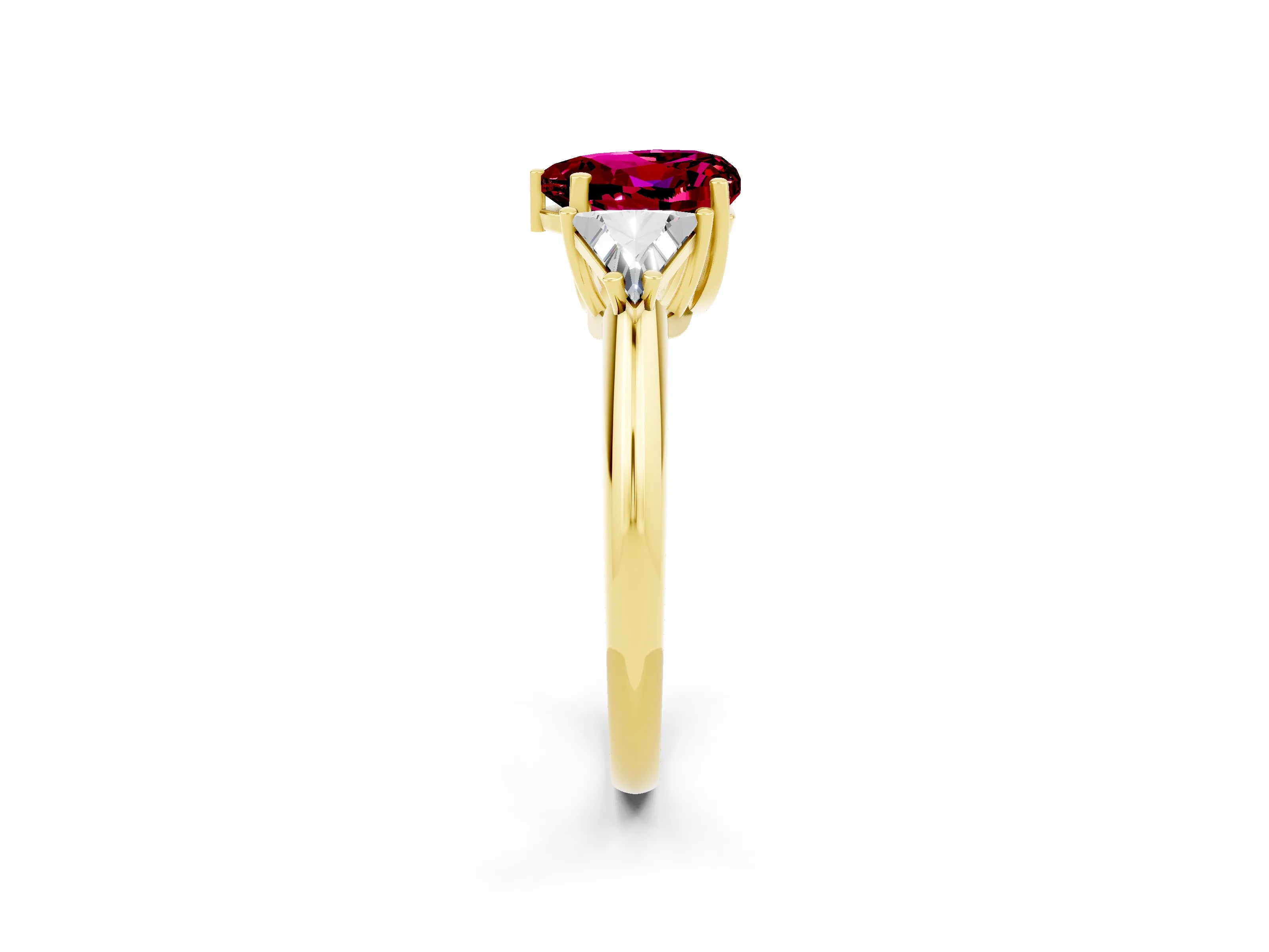 Yellow gold Three-Stone Heart Cut Cut Diamond Ring with Trillion Side Stones and Four-Prong Setting_2