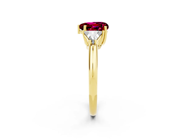Yellow gold Three-Stone Heart Cut Garnet Engagement Ring with Trillion Side Stones and Prong Setting