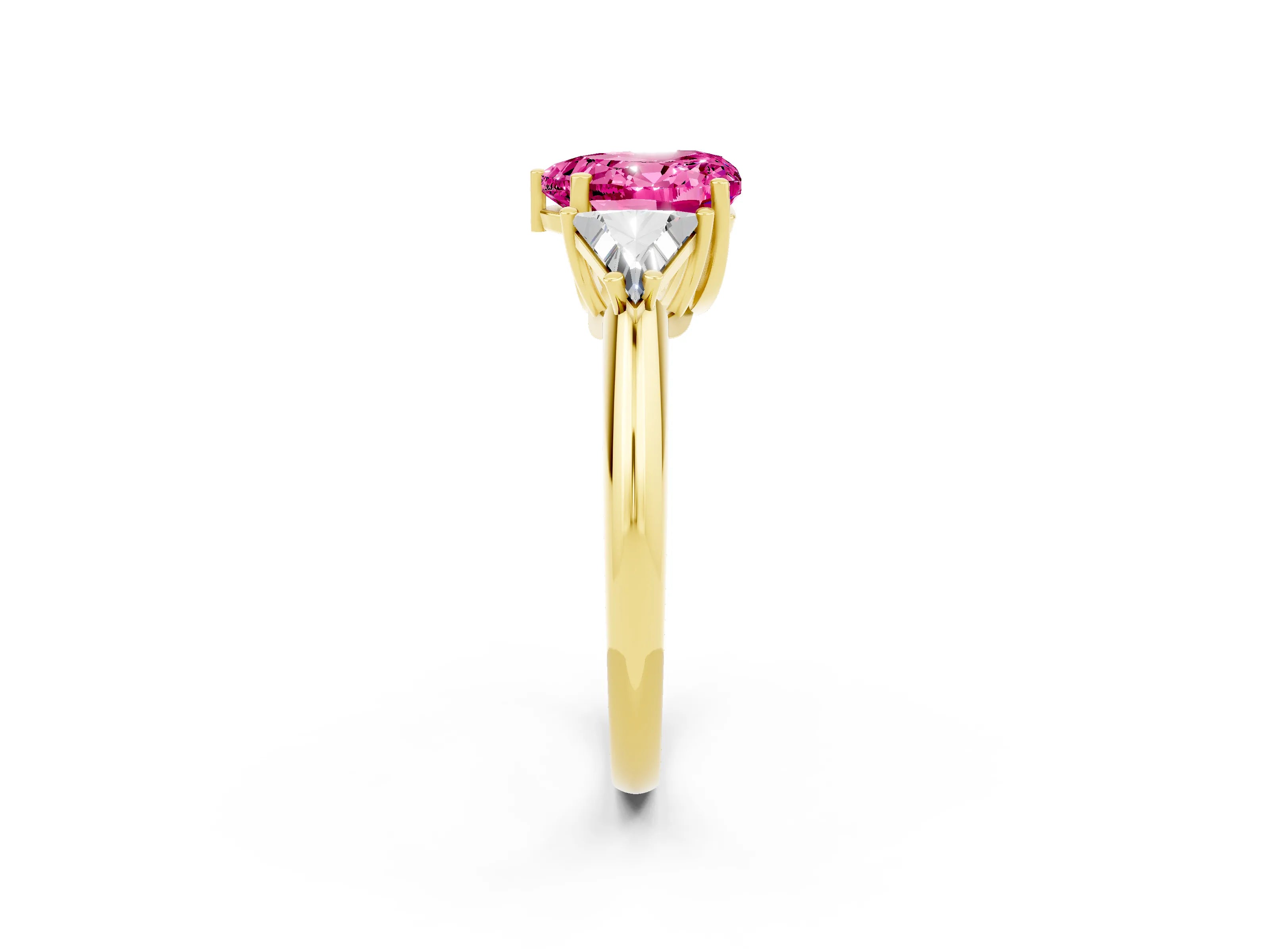 Yellow gold Three-Stone Heart Cut Cut Diamond Ring with Trillion Side Stones and Four-Prong Setting_2