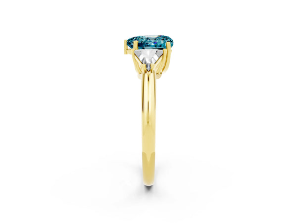 Yellow gold Three-Stone Heart Cut Cut Diamond Ring with Trillion Side Stones and Four-Prong Setting