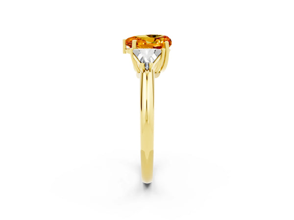 Yellow gold Three-Stone Heart Cut Citrine Engagement Ring with Trillion Side Stones and Prong Setting