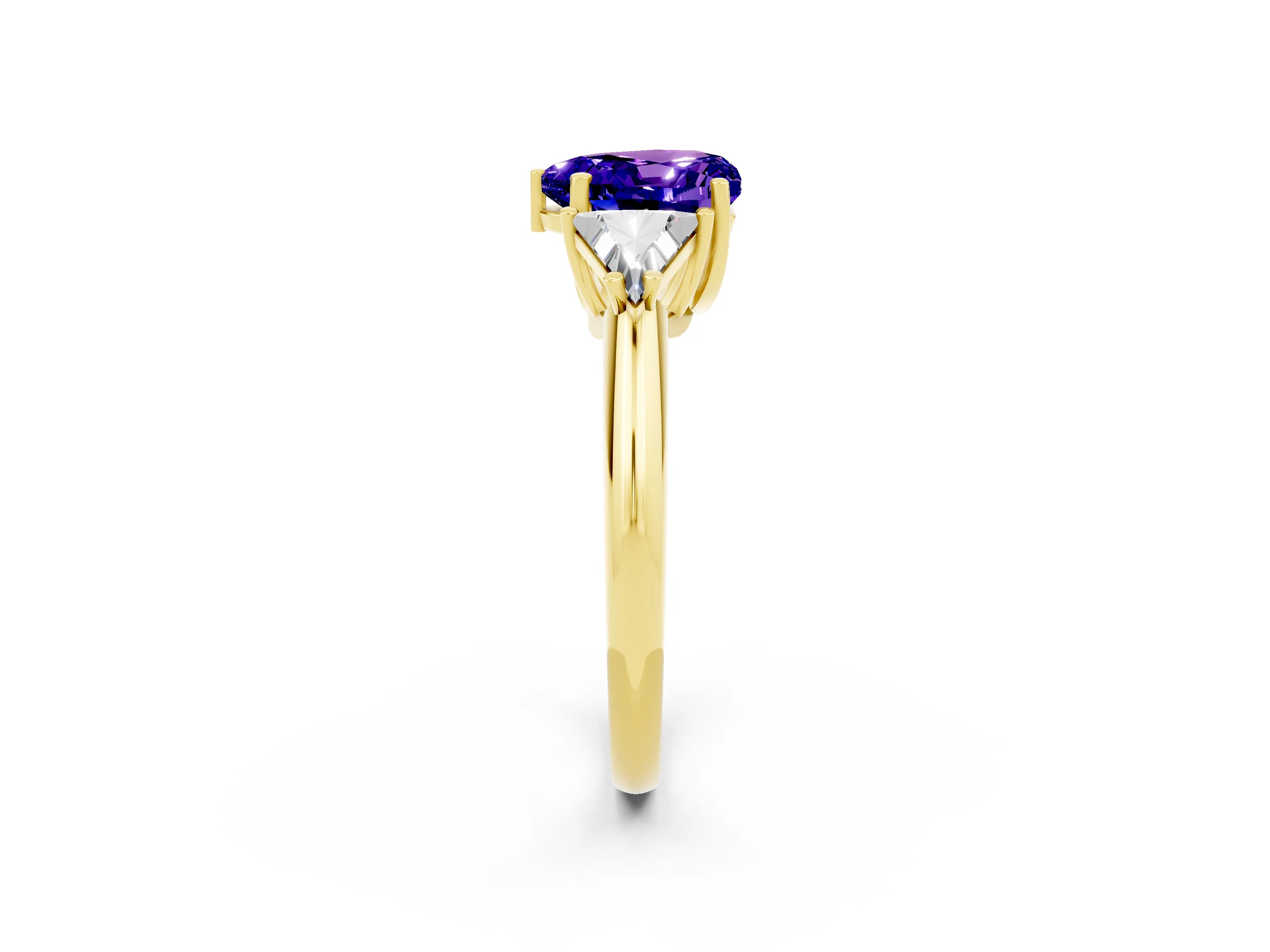 Yellow gold Three-Stone Heart Cut Cut Diamond Ring with Trillion Side Stones and Four-Prong Setting_2