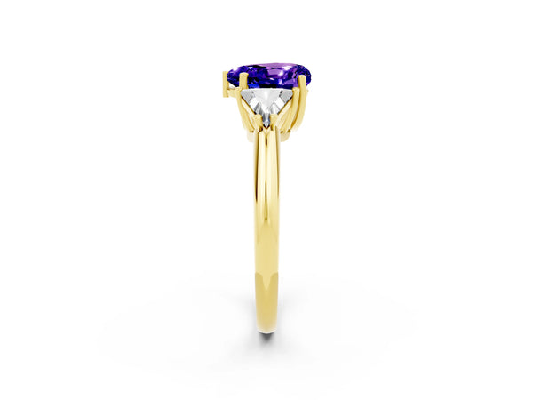Yellow gold Three-Stone Heart Cut Tanzanite Engagement Ring with Trillion Side Stones and Prong Setting