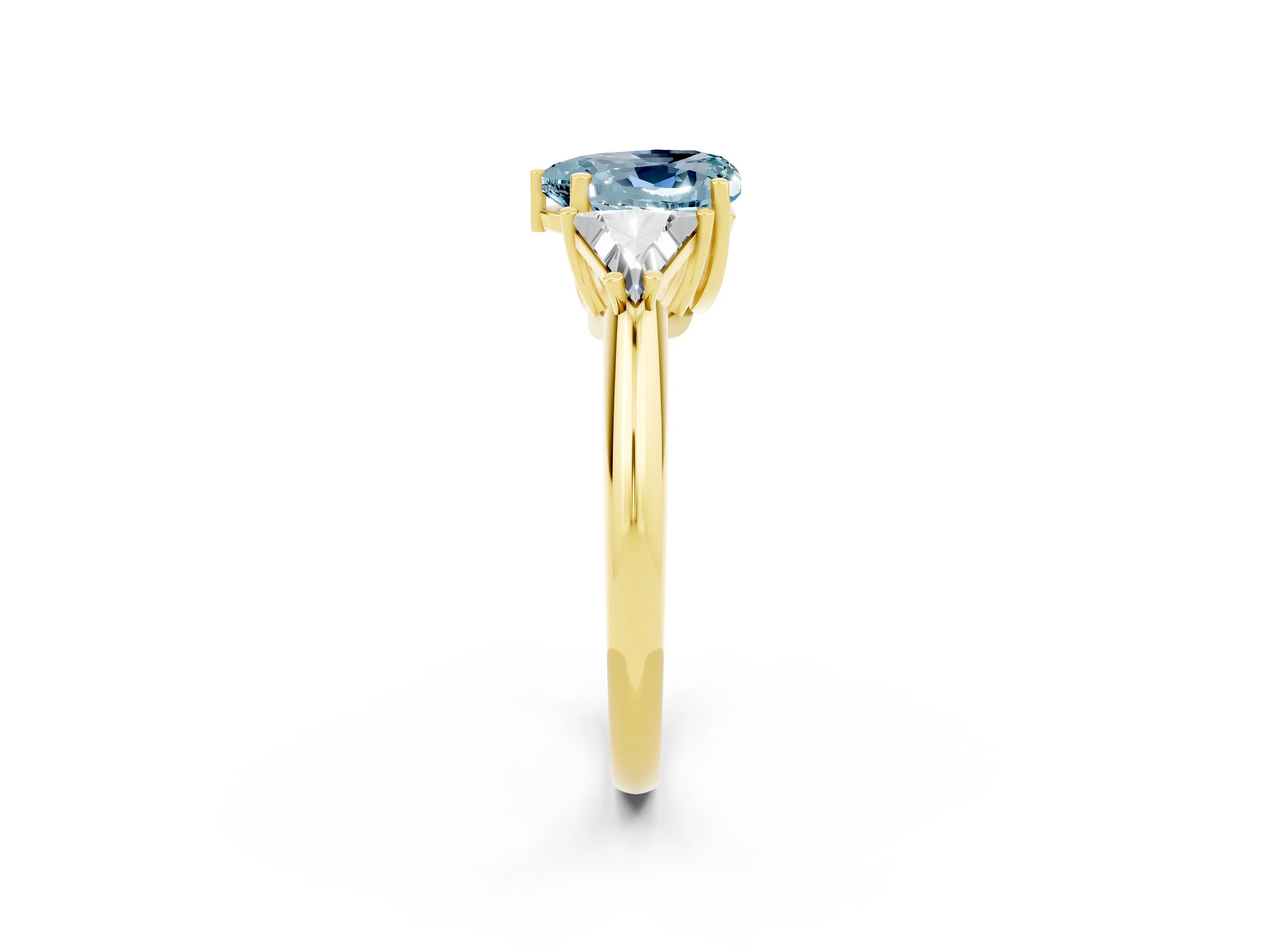 Yellow gold Three-Stone Heart Cut Cut Diamond Ring with Trillion Side Stones and Four-Prong Setting_2