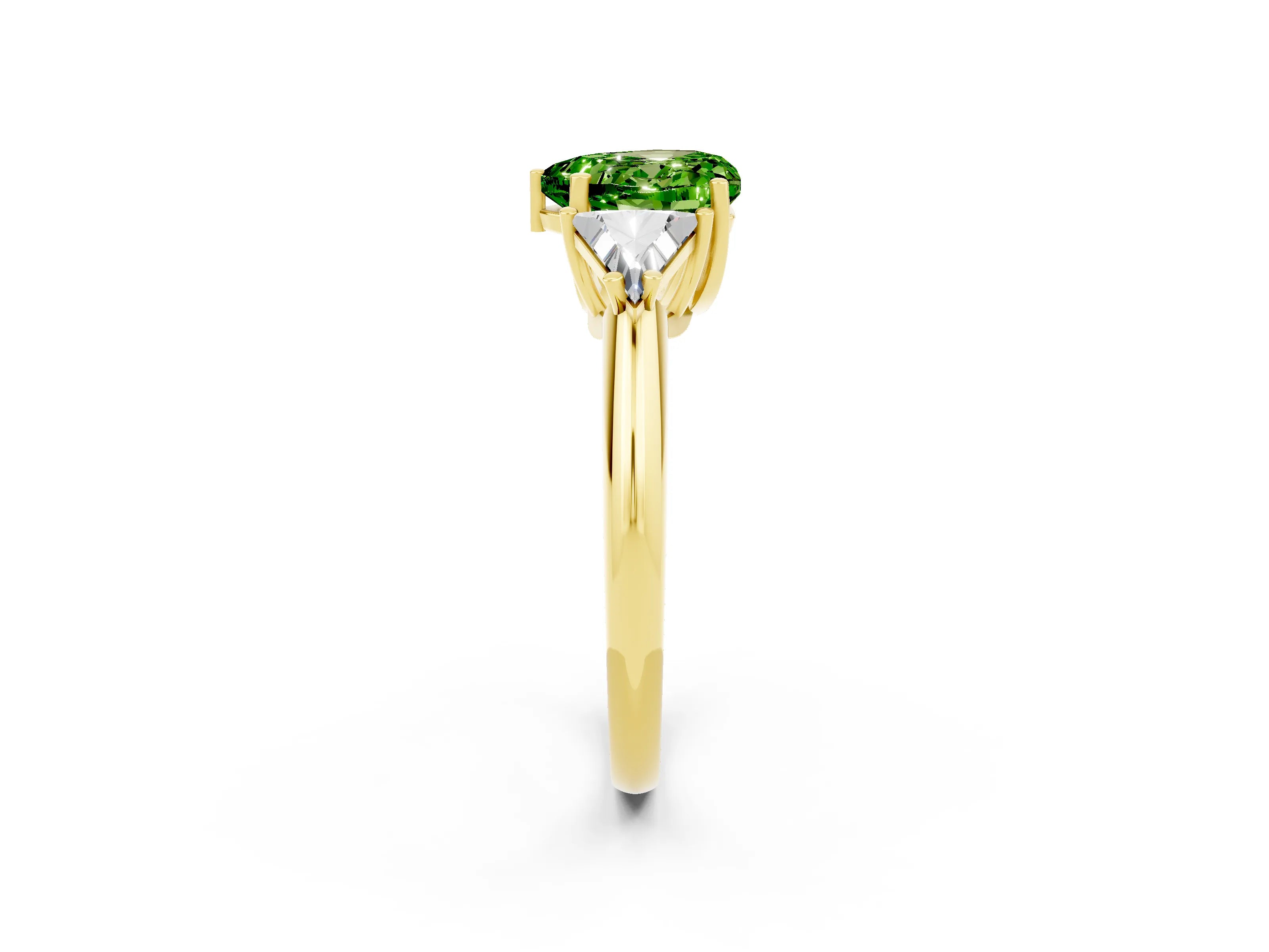 Yellow gold Three-Stone Heart Cut Cut Diamond Ring with Trillion Side Stones and Four-Prong Setting_2