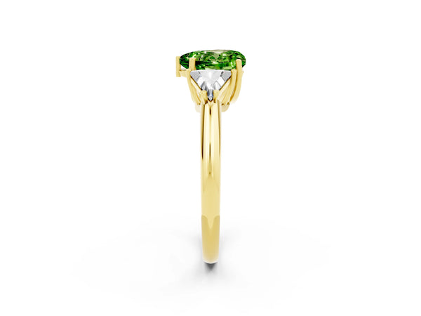Yellow gold Three-Stone Heart Cut Cut Diamond Ring with Trillion Side Stones and Four-Prong Setting