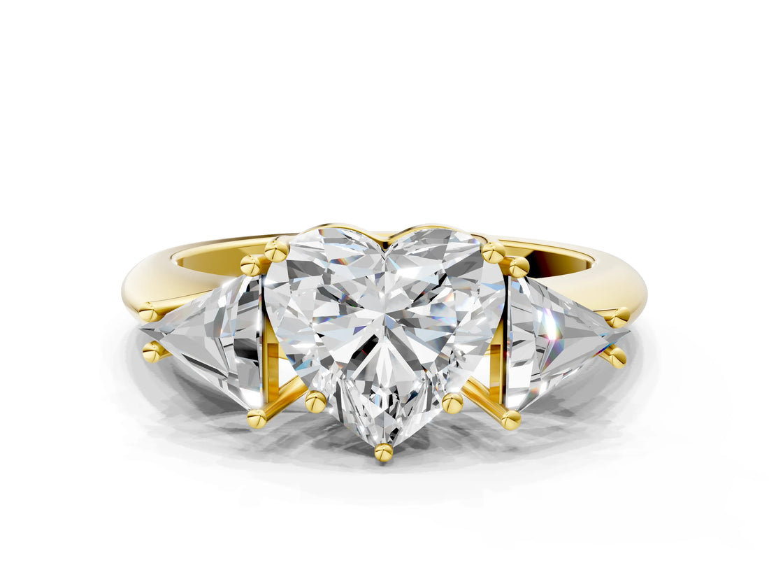 Yellow gold Three-Stone Heart Cut Cut Diamond Ring with Trillion Side Stones and Four-Prong Setting_3