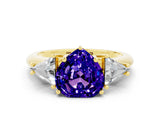 Yellow gold Three-Stone Heart Cut Cut Diamond Ring with Trillion Side Stones and Four-Prong Setting