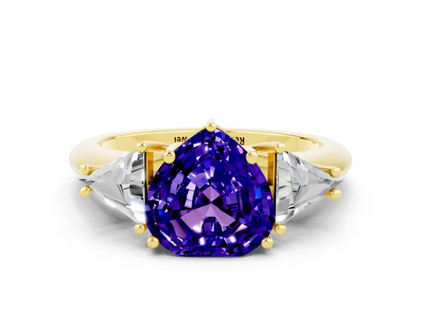 Yellow gold Three-Stone Heart Cut Tanzanite Engagement Ring with Trillion Side Stones and Prong Setting