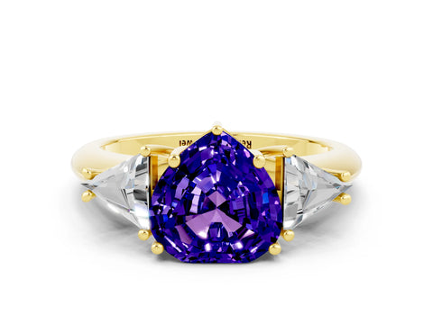 Yellow gold Three-Stone Heart Cut Cut Diamond Ring with Trillion Side Stones and Four-Prong Setting