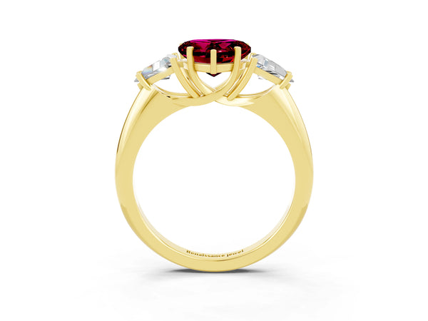 Yellow gold Three-Stone Heart Cut Garnet Engagement Ring with Trillion Side Stones and Prong Setting