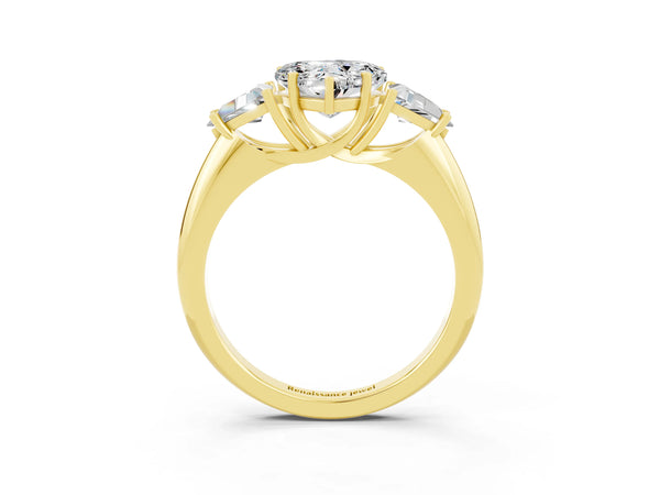 Yellow gold Three-Stone Heart Cut Moissanite Engagement Ring with Trillion Side Stones and Prong Setting