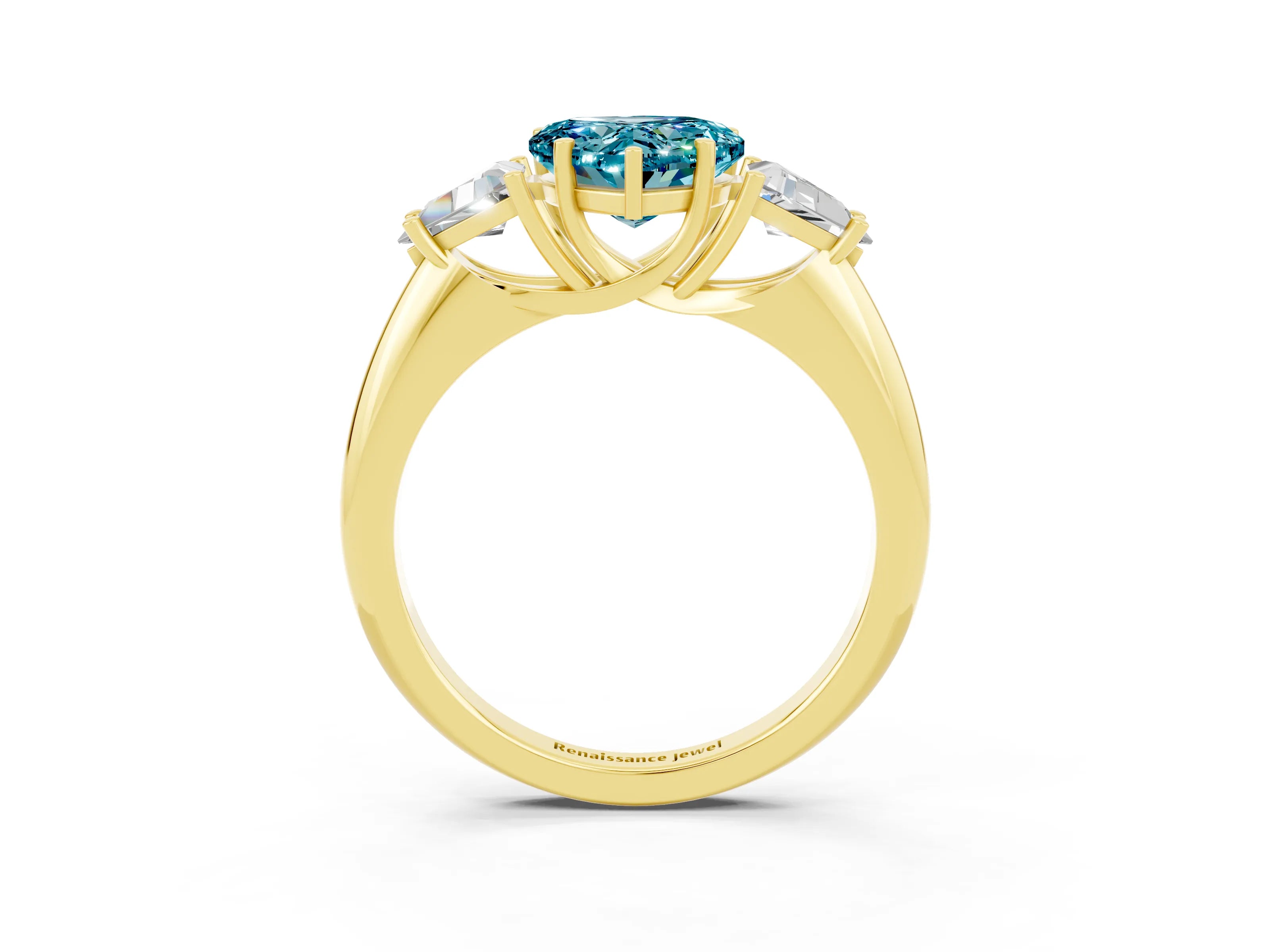 Yellow gold Three-Stone Heart Cut Cut Diamond Ring with Trillion Side Stones and Four-Prong Setting_3