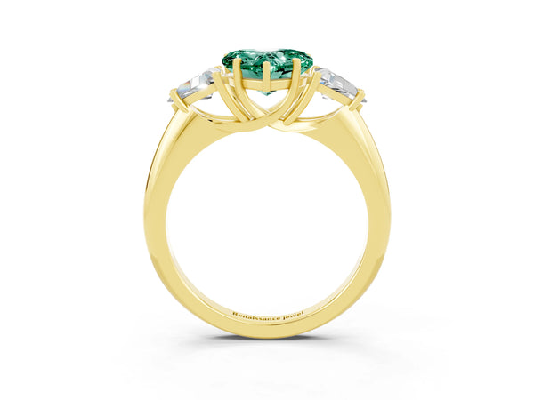 Yellow gold Three-Stone Heart Cut Cut Diamond Ring with Trillion Side Stones and Four-Prong Setting