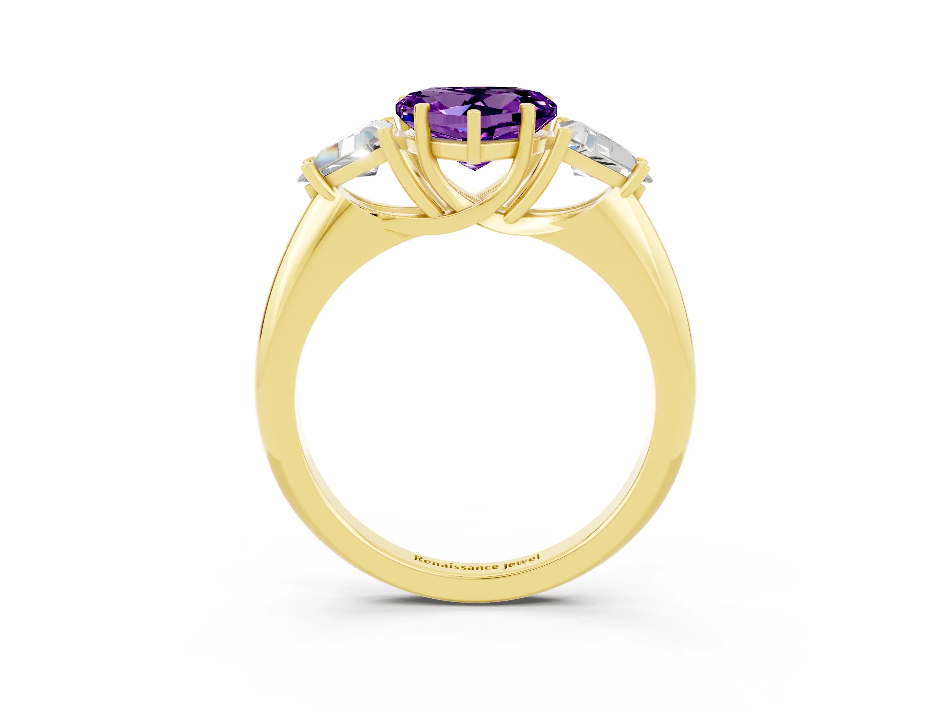 Yellow gold Three-Stone Heart Cut Cut Diamond Ring with Trillion Side Stones and Four-Prong Setting_3