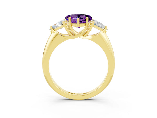 Yellow gold Three-Stone Heart Cut Amethyst Engagement Ring with Trillion Side Stones and Prong Setting
