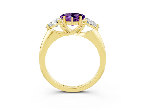 Yellow gold Three-Stone Heart Cut Cut Diamond Ring with Trillion Side Stones and Four-Prong Setting_3